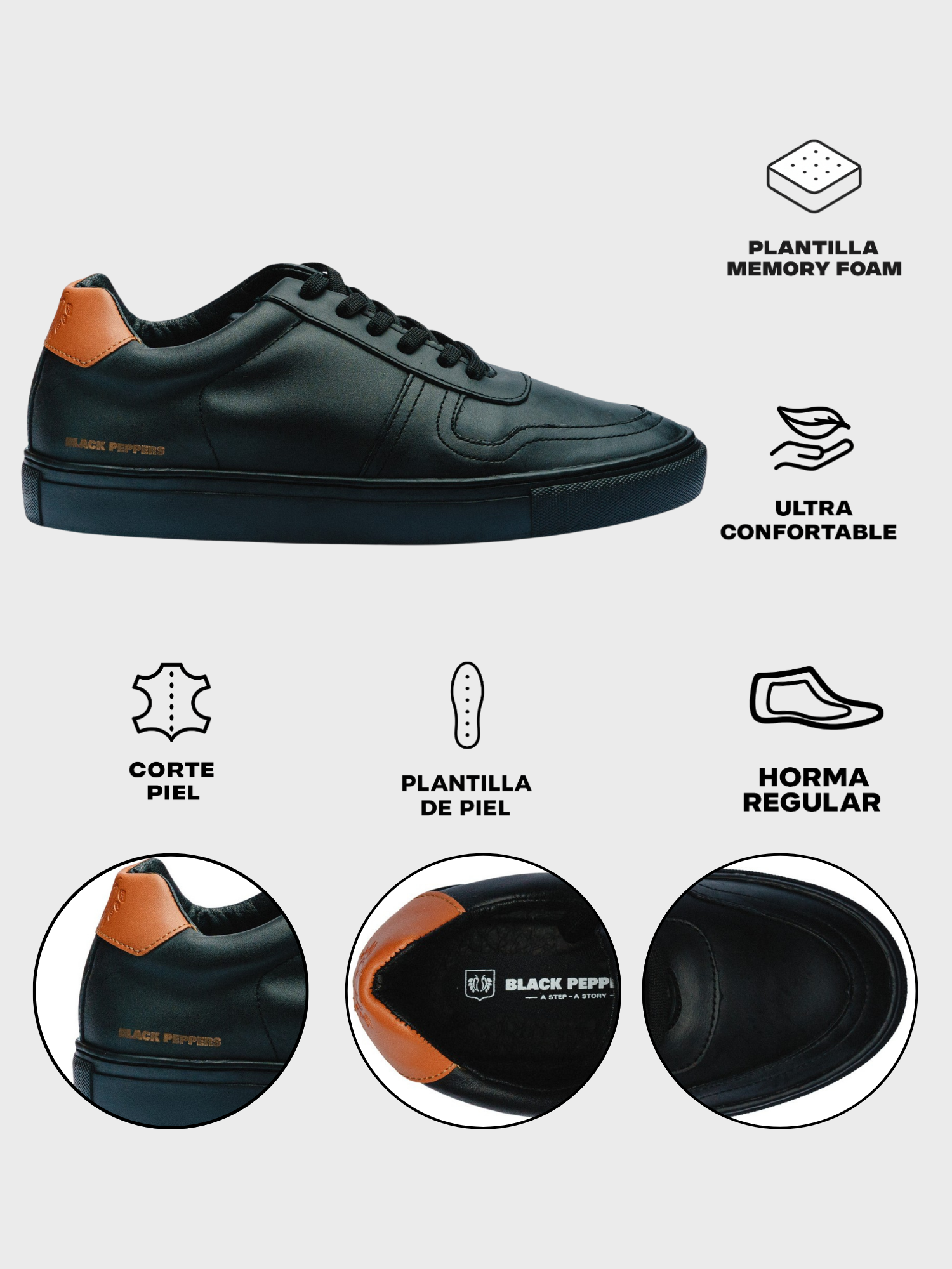 BLACK PEPPERS Lowtop Leather Sneaker TURIN Black/Orange Heel