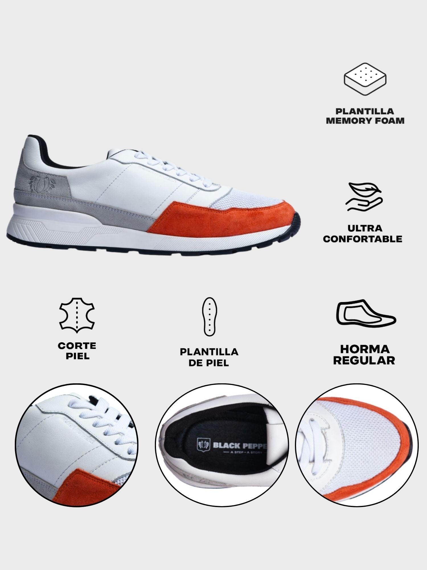 BLACK PEPPERS Trainer Leather Sneaker VERONA White/Orange