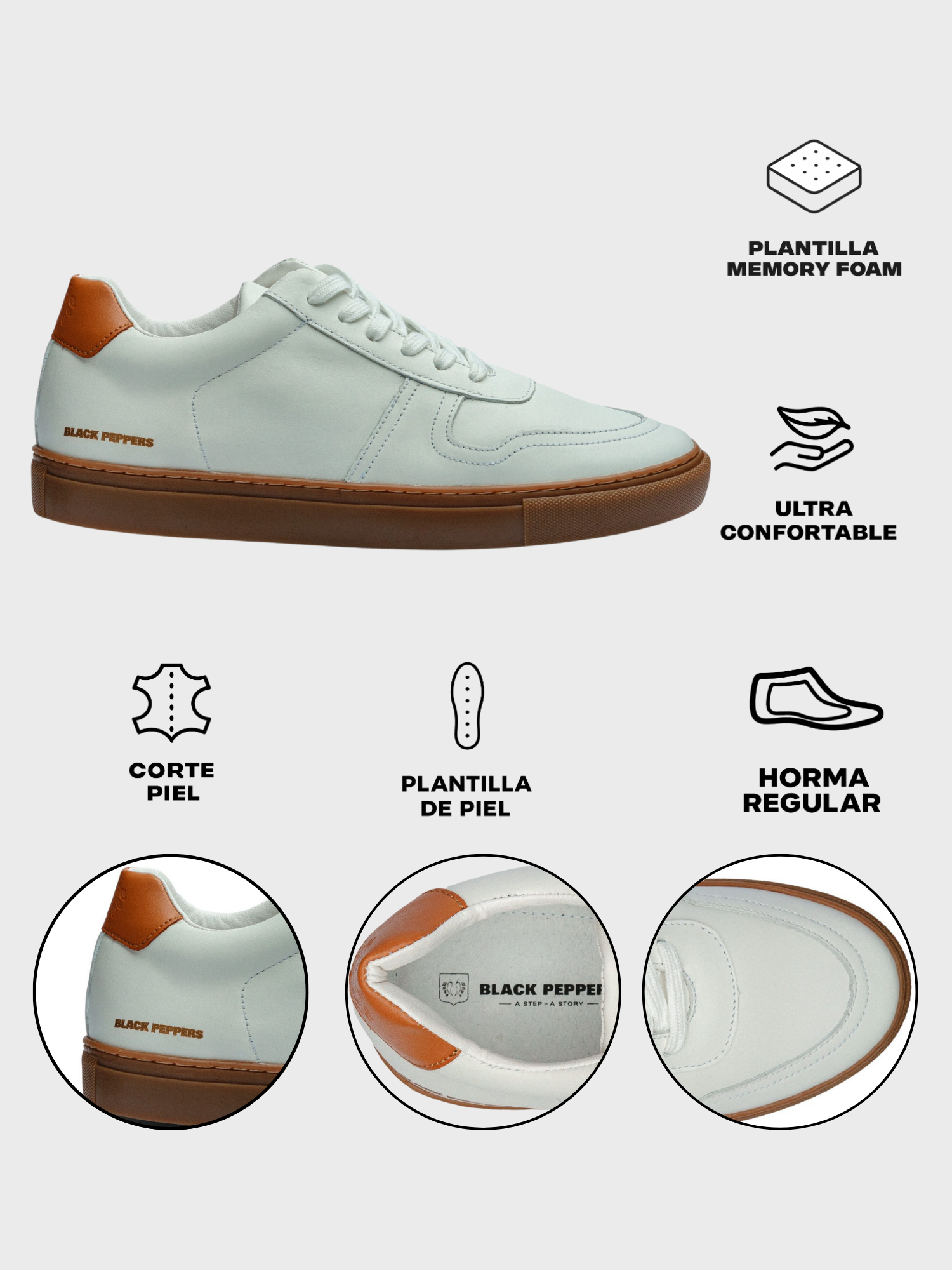 BLACK PEPPERS Lowtop Leather Sneaker TURIN White/ Rubber Sole